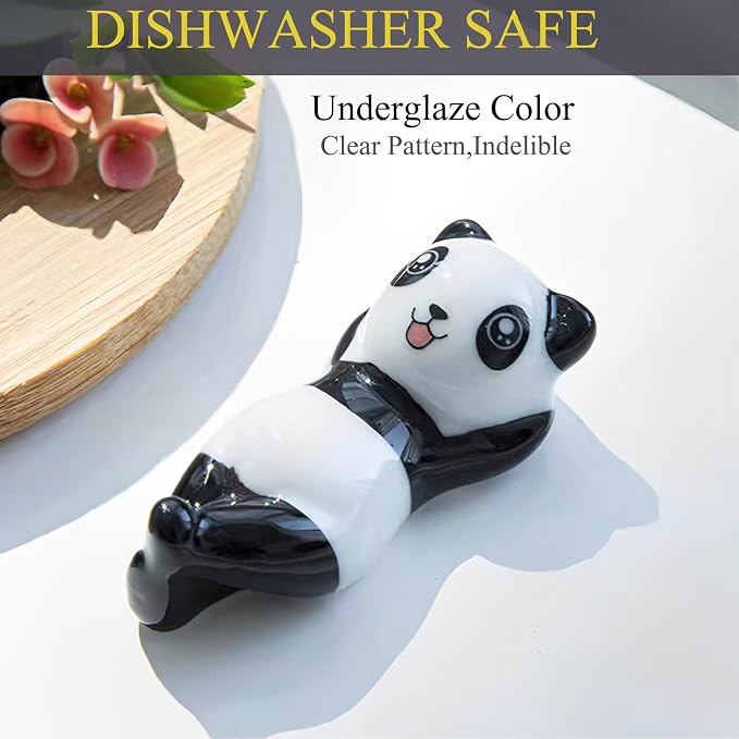 Panda Chopsticks With Rest Gift Set, 2PC Black | Dishwasher Safe, Reusable Fiber Glass Chopsticks, Porcelain Cute Panda Chopstick Holder, Non-slip, Chinese Japanese Style