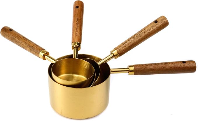 4pcs Stainless Steel Measuring Cups Wooden Handle, 4 Sizes, Gold | Measuring Cup and Spoon Set, Measuring Scoops, For Measuring Dry and Wet Ingredients, 250ml, 125ml, 80ml, 60ml
