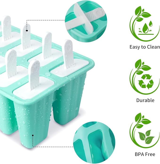 Popsicles Molds, 10 Pieces Silicone Ice Pop Molds with 10 Sticks BPA Free Popsicle Molds Reusable Easy Release Ice Popsicle Maker, Green