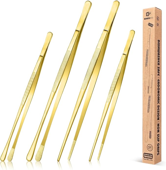 4 Pcs Fine Long Tweezer Tongs Professional Gold, 12'' and 10'' Stainless Steel for Kitchen, Food, Cooking, Repairing, Sea food and BBQ