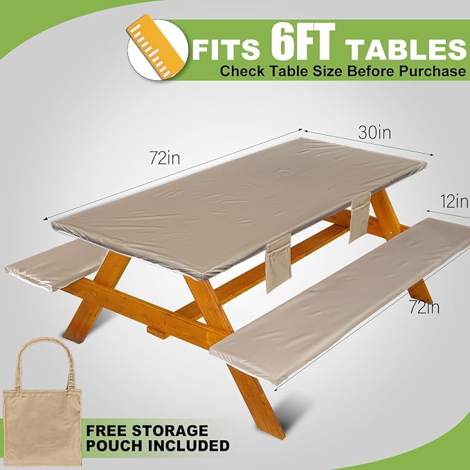 Wrakus Picnic Table Cover with Bench Covers Vinyl Elastic Edges Fitted Rectangle Seat Tables Waterproof 3-Piece72X30in Set Outdoor Rectangular Folding Backing Tablecloth for Camping Over Size