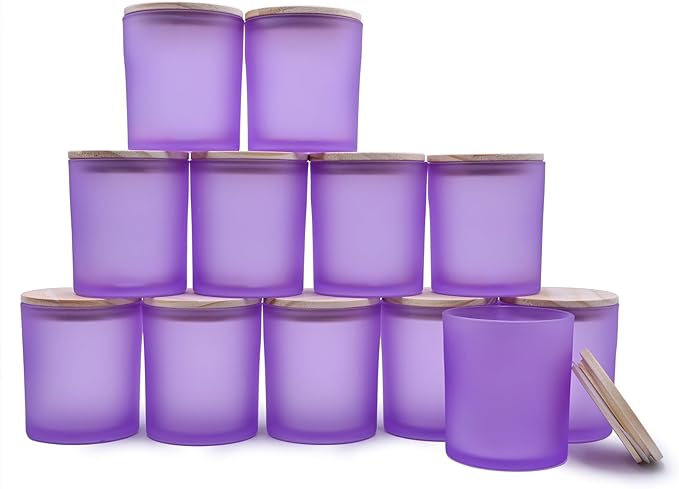 SHOWIN 14 OZ Thick Candle Jars for Making Candles 12 Pcs, 3 Wick Empty Jars with Wood Lids for Candle Making, Sample Container, Frosted Purple
