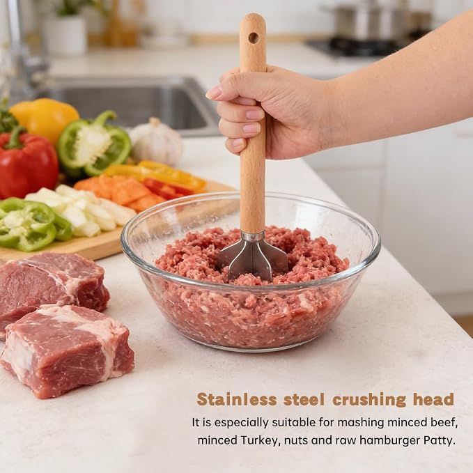 Stainless Steel Meat Chopper with Potato Masher, Kitchen Gadgets 4-Blade Ground Beef Chopper Potato Masher Hamburger Smasher Tool for Meat Vegetables Avocado Potatoes Beans(COLOR:Silver)