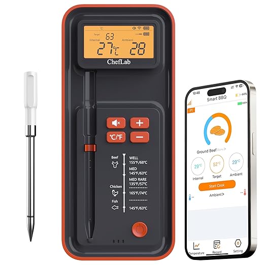 AI Digital Meat Thermometer, 500 ft Long Range Bluetooth Grill Thermometer for Smoker, Oven, BBQ, Digital Food Thermometer for Kitchen Cooking (Single Probe)