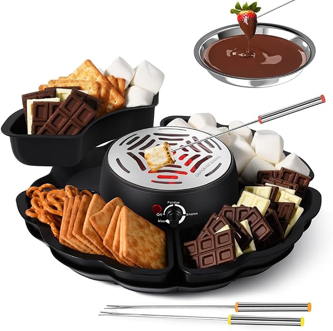 Electric S'mores Maker and Chocolate Fondue Set, Flameless Marshmallow Roaster with Adjustable Temperature, Stainless Steel Grill, Serving Tray and Roasting Forks