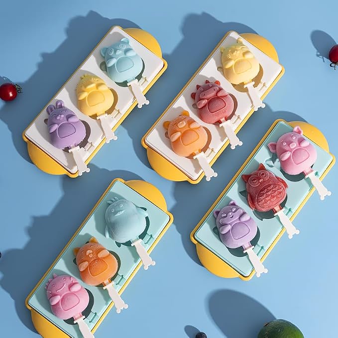 Popsicle Molds Ice Pop Molds Silicone 3 Cavities Ice Cream Mold animals & fruit Cake Pop Mold DIY Popsicle Ice Pop Molds Flexible Silicone Popsicle Makers… (tiger)