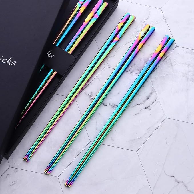 Buyer Star Rainbow Stainless Steel Chopsticks - 5-Pair Reusable Chinese Square Chopsticks