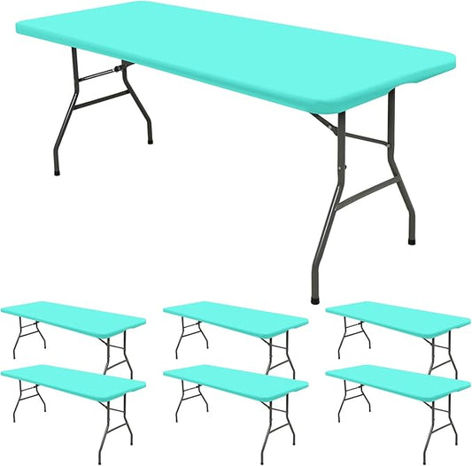 6 Pack Fitted Tablecloth for 6 Foot Rectangle Tables, Aqua Blue Elastic Outdoor Picnic Table Cover, Washable Stretch Folding Table Cloths 6 ft for Camping Party Patio Kitchen Banquet, 30" W x 72" L