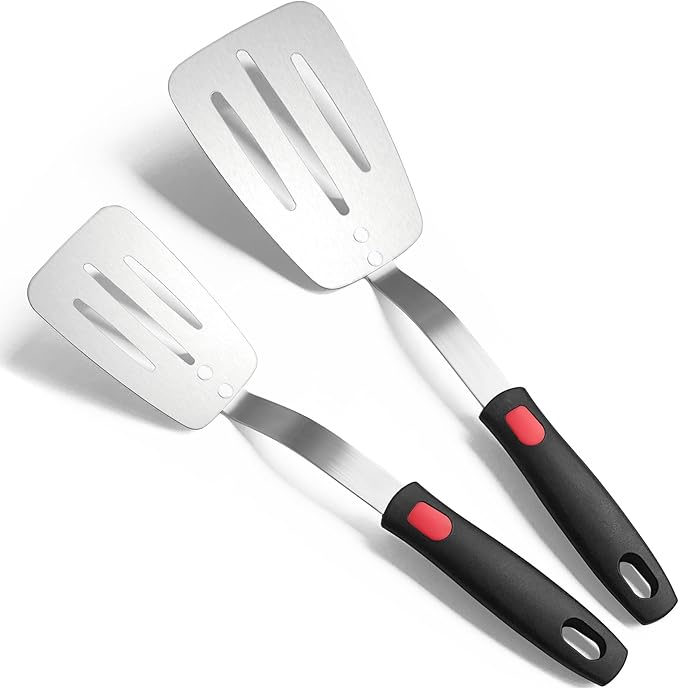 Stainless Steel Flexible Spatula, Thin Metal Turners, 2Pack(S+XL) Slotted | Kitchen Spatula Truner for Cast Iron Skillet,Thin Blade & Heat Resistant Silicone Handle, Great for Egg, Cookie, Meat, Crep