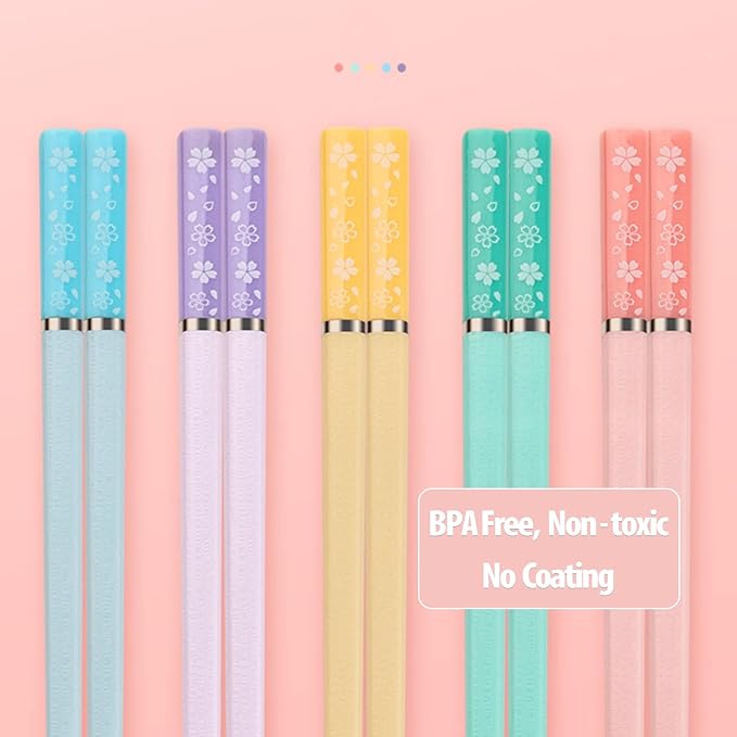 Sakura 5 Pairs Fiberglass Chopsticks, Non-Slip Reusable, Dishwasher Safe | Food-Safe, Lightweight, Matte Textured Tips, Heat-Resistant, Ideal for Sushi Ramen, Premium Gift for Family Friends, 9.5inch
