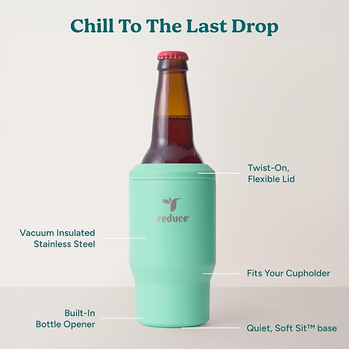 Reduce 4-in-1 Drink Cooler - Versatile Can & Bottle Holder with Vacuum Insulation - Keeps Drinks Cold Up to 4 Hours - Includes Bottle Opener - Fits Cupholders & Dishwasher Safe - 14oz - Saltwater