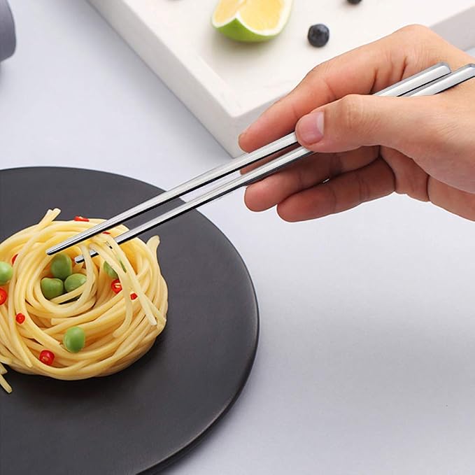IQCWOOD Spoons and Chopsticks Set, 5 Pairs Stainless Steel Flat Chopsticks, 5 Set Korean Spoons, Metal Reusable Chop Sticks Dishwasher Safe for Home, Kitchen or Restaurant