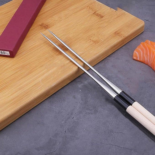 Angoily 2pcs Sashimi Long Chopsticks Stainless Steel Wooden Noodles Chopstick Japanese Cooking Frying Moribashi Sushi Korean Handle Travel Non-slip