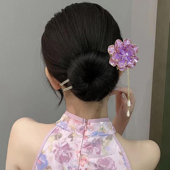 Vintage Pearl Chinese Hair Sticks, Pink and Gold Flower Design, Metal Hair Pins with Tassel, Traditional Oriental Style Hair Chopsticks for Women, 2 Pack