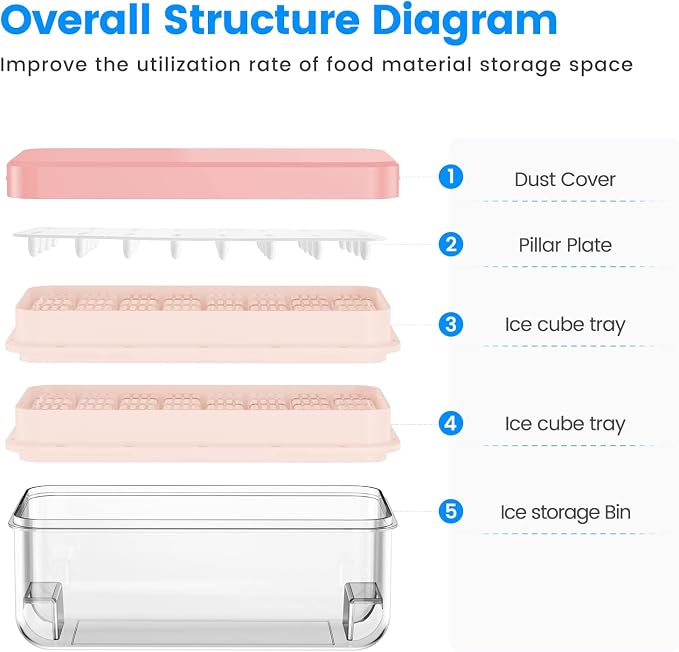 1.0" Ice Cube Trays for Freezer, PHINOX Ice Tray, 2-Tier(32Cubes/Tier) Pink