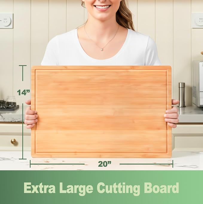 Allsum 20x14" Extra Large Bamboo Cutting Boards for Kitchen, XL Wood Charcuterie Boards Cheese Serving Tray with Side Handles and Juice Grooves, Solid Durable Reversible