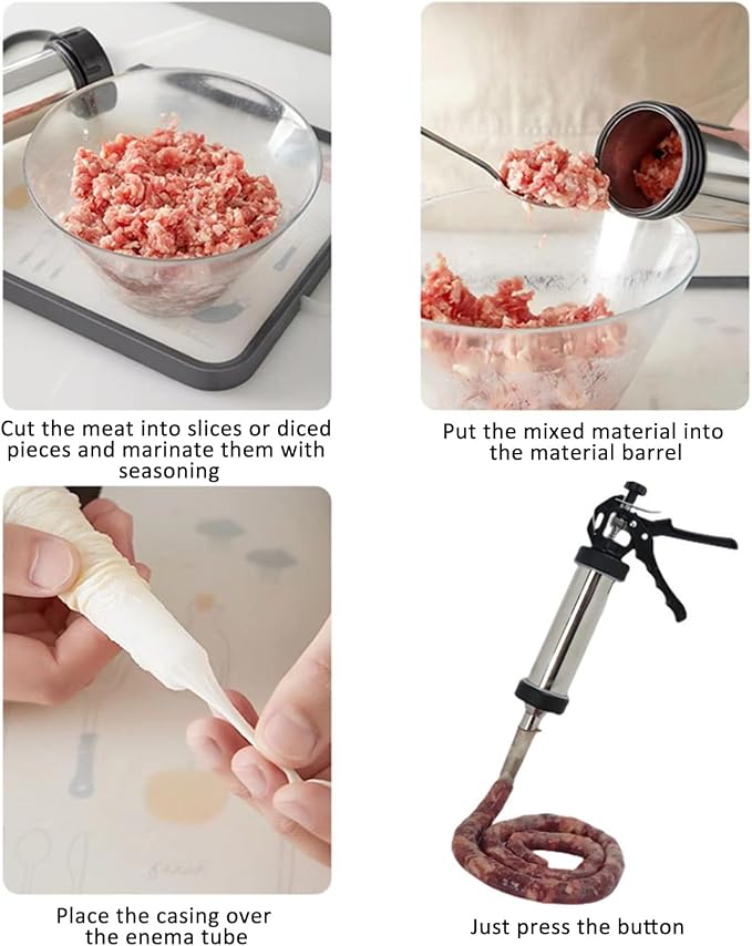 Beef Jerky Gun Kit, Stainless Steel Meat Gun with 5 Nozzles | 304 Stainless Sausage Gun with Easy squeeze Handle, 5 Nozzle Shapes, Dishwasher Safe, Quick Clean, 1.5LB Capacity