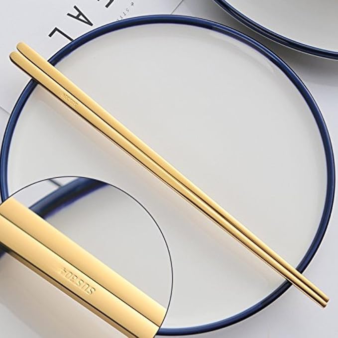 Buyer Star 5 Pairs Gold Flat Chopsticks - Reusable Metal Stainless Steel Chinese Chopsticks Set with Case