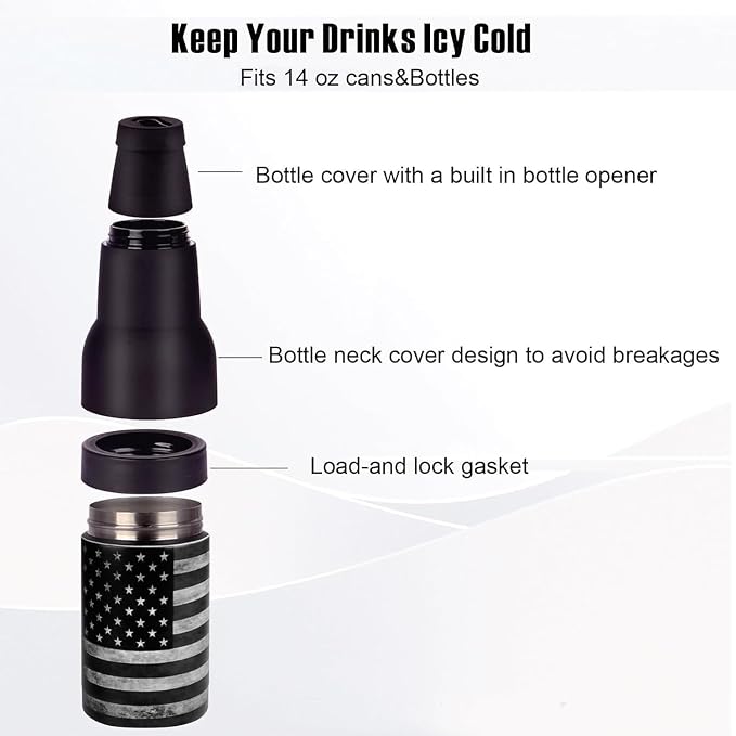 Stepstall 14 oz. Beer Bottle and Can Cooler with Beer Opener,3 in 1 Slim Can Beer Bottle Insulators Holder, Stainless Steel Double Walled Insulated Can Cooler for Beer,Soda, Black Flag