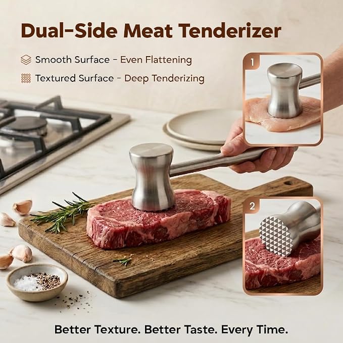 304 Stainless Steel Tenderizer Mallet Dual-Sided Hammer, Heavy Duty Pounder Tool for Steak, Beef & Chicken Cutlets, Textured Grip Kitchen Mallet, Dishwasher Safe Beater for Cooking