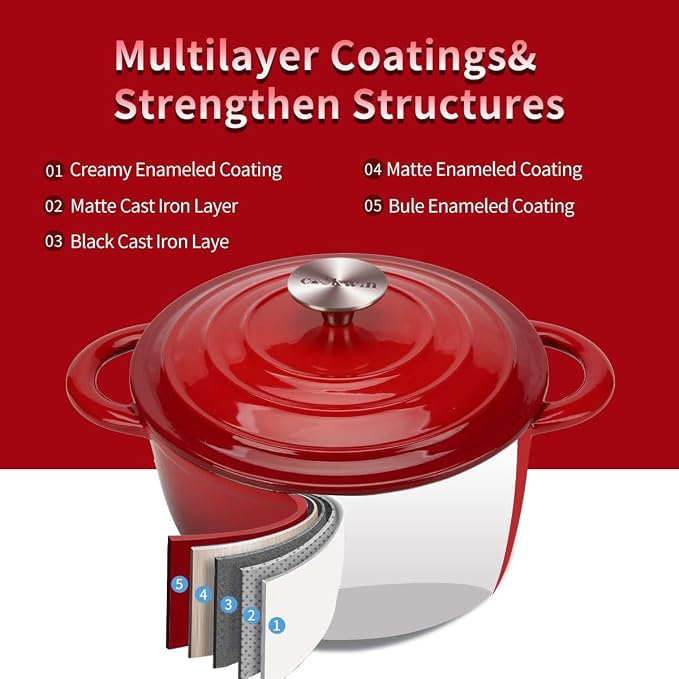 6 Quart Enameled Cast Iron Dutch Oven with Lid, Heavy Duty Cast Iron Pot for Braising, Stews, Roasting, Soup, Casseroles & Bread Baking, Nonstick Enamel Interior, Oven Safe to 500°F