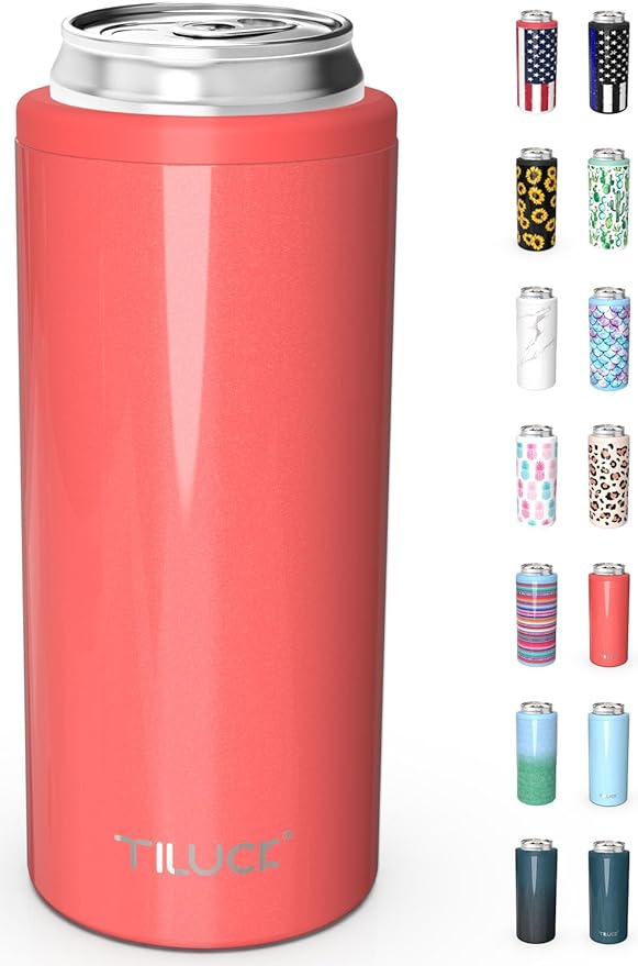 TILUCK Skinny Can Cooler, Stainless Steel Insulated Slim Cans, 12 oz | Beer & Hard Seltzer, Doucle-Walled Stainless Steel Insulated Slim Cans, Slim 12 oz(Glitter Coral)