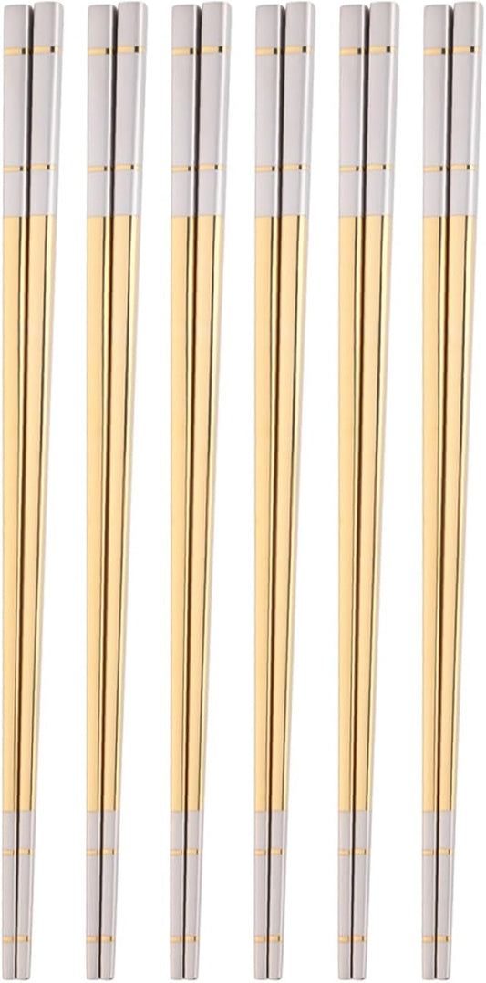 Reusable Stainless Steel Chopsticks,Dishwasher Safe , Easy to Use(6 PCS,Gold)