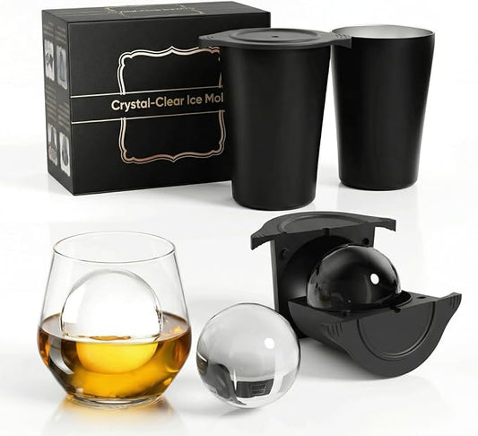 2.5" Clear Ice Ball Maker - Stainless Steel Sphere Ice Mold for Whiskey & Cocktails, Crystal Clear Round Ice Cube Tray with Easy-Release Silicone, Bourbon Gifts for Men, 2 Pack (Black)