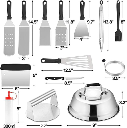 Griddle Accessories Kit of 20, HaSteeL Heavy Duty Metal Spatula Set, Stainless Steel Teppanyaki Tools for Flat Top, Barbecue Grilling Indoor & Outdoor, Melting Dome, Burger Turner, Dishwasher Safe