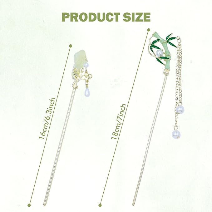 inSowni 8 Pieces Vintage Asian Chinese Traditional Hanfu Gold Metal Artificial Jade Bamboo Flower Butterfly Hair Pins with Pearl Bead Pendants Long Hair Sticks Forks Bun Updo Hairpins for Women Girls