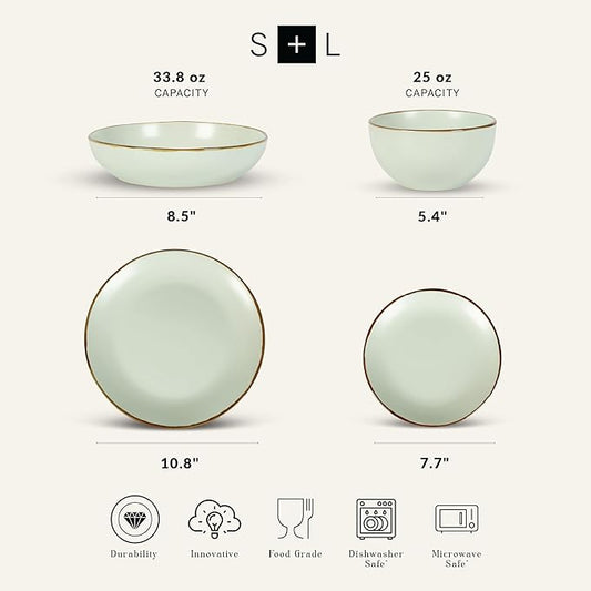 Stone Lain, Stoneware, Service for 4, Light Green, Plates and Bowls Sets, Dinnerware Set with 4 Dinner - & 4 Salad Plates, 4 Pasta - & 4 Round Bowls, Dishwasher & Microwave Safe, 16-Piece