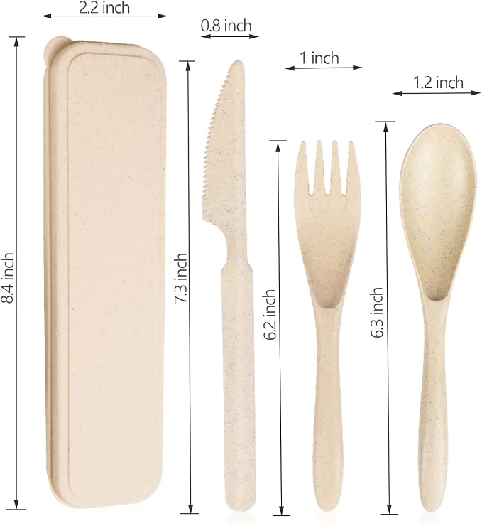 YDYTOP Reusable Travel Utensils Set with Case, Beige Wheat Straw Portable Knife Fork Spoons Tableware, Eco-Friendly BPA Free Cutlery for Kids and Adults as Travel Picnic Camping Utensils