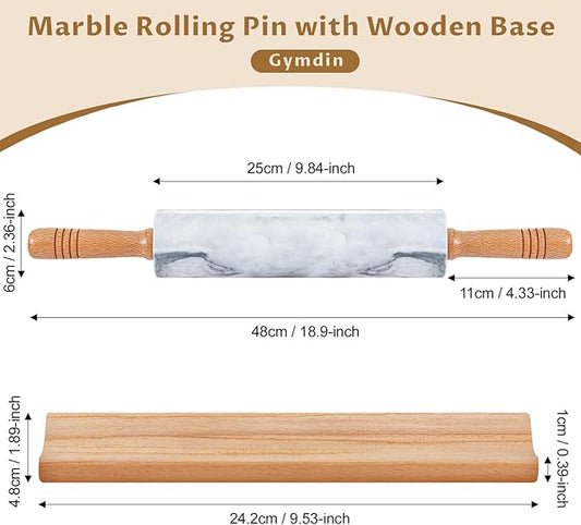 Marble Rolling Pin - 18.9" Marble Rolling Pins for Baking, Pastry, Pizza Dough & More - Polished Non-Stick Surface, Long Dough Roller with Wooden Handles & Base