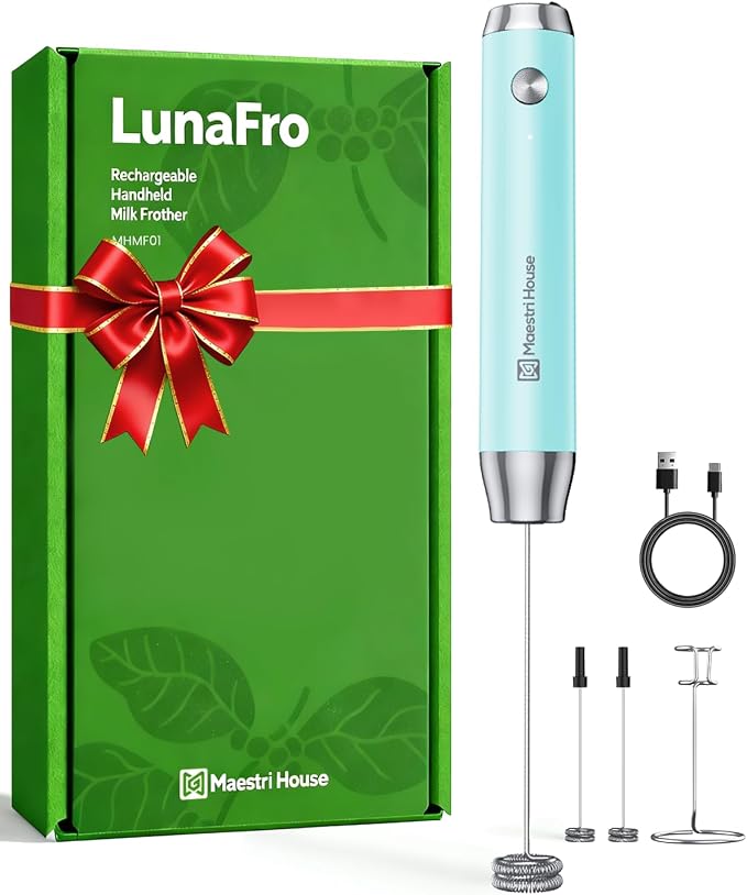 Maestri House Rechargeable Milk Frother with Stand, LunaFro Handheld Foam Maker for Lattes & Cappuccino, Christmas Gift for Coffee Lovers, Soft Aqua