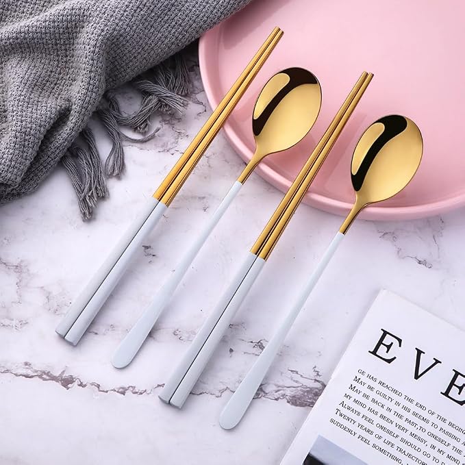 TEHAHA Reusable Korean Chopstick and Spoon Set,4 Sets Long Handle Stainless Steel Spoon and Chopsticks Set, 8 Pieces Metal Chopsticks Dishwasher Safe,White Gold.