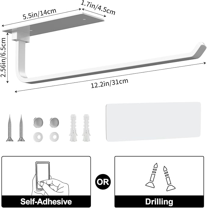 Paper Towel Holder - Self-Adhesive or Drilling, White | Under-Cabinet or Wall-Mounted | Kitchen Roll Dispenser | Upgraded Aluminum | Lighter Yet Stronger Than Stainless Steel