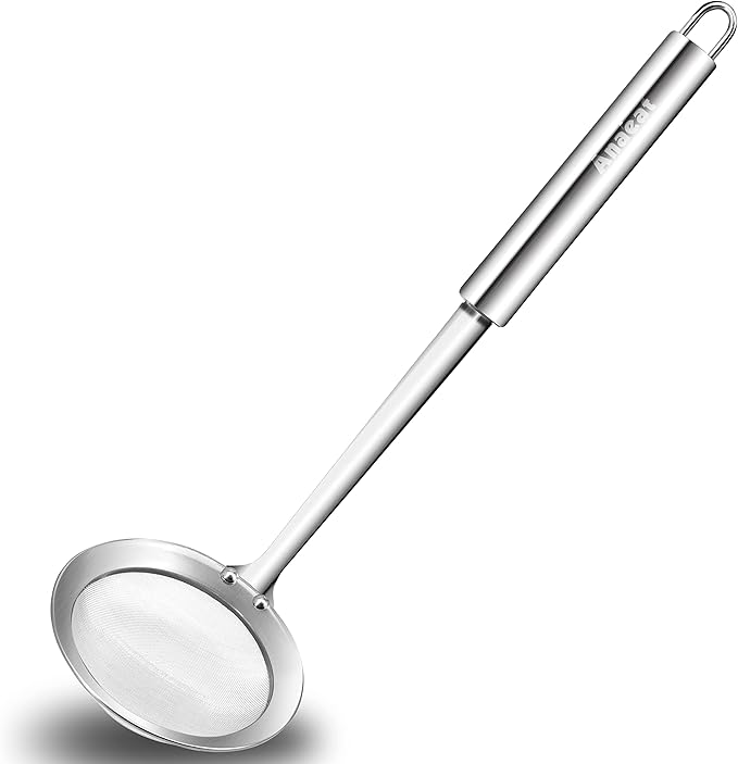 Anaeat 4" Stainless Steel Fat Skimmer Spoon - Professional Kitchen Fine Mesh Food Strainer and Hot Pot Skimmer with Long Handle for Skimming, Cooking, Frying, Grease, Gravy and Foam Diameter