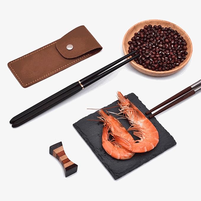 Foldable Chopsticks Travel Friendly Chopsticks with Leather Case Wood Tablewares Convenient Utensils for Outdoor Use, 20.8CM