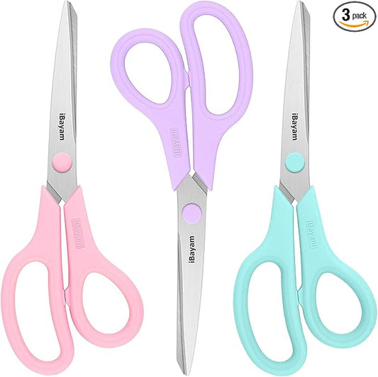 iBayam 8.5" Scissors All Purpose, 2.5mm Sharp Blade, 3 Cute School Office | Soft Comfort-grip, Left/Right Handed, Cuts Cardboard, Fabric, Vinyl & Leather for Office, Classroom, School & Craft Desk