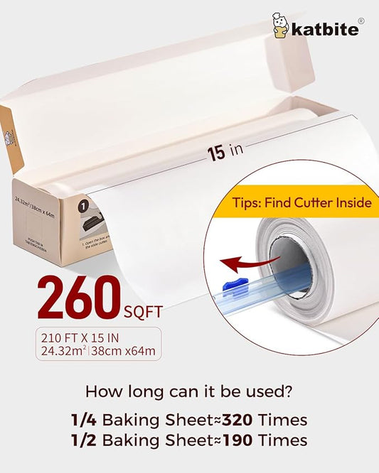 Katbite Parchment Paper Roll for Baking, 2 Pack of 15 in x 210 ft, Heavy Duty Cooking Paper for Baking Bread, Cookies, Non-stick for Oven, Air Fryer, Steamer, Heat Press with 2Pcs of Slide Cutter