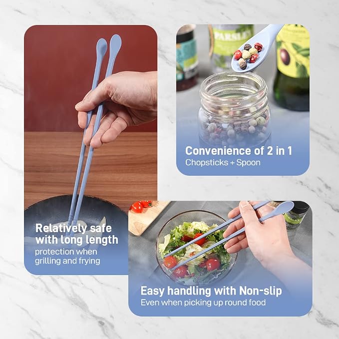 Reusable Long Silicone Cooking Chopsticks with Spoon 12 Inches 2 Pairs Set, Dishwasher Safe, BPA-free Non-Slip, Korean Japanese Kitchen Utensils (Pastel Blue 2 Set)