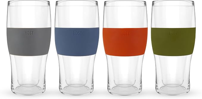 HOST Beer FREEZE Beer Glass Cups Set Drinking Glasses, Freezer Mugs with Gel Double Walled Cool Cups Plastic Multicolor 16oz Set of 4
