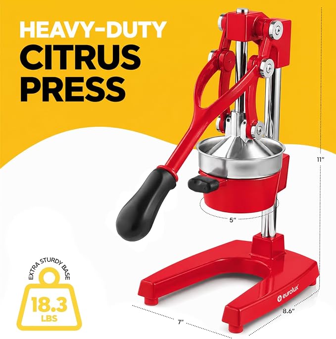 Eurolux Ultra-Premium Cast Iron Juicer | Extra-Large, Heavy Duty, Commercial Grade, Stainless Steel Manual Hand Press Citrus Squeezer For Fresh Orange Juice, Pomegranate, Lemon, and Much More (Red)