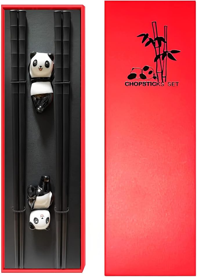Panda Chopsticks With Rest Gift Set, 2PC Black | Dishwasher Safe, Reusable Fiber Glass Chopsticks, Porcelain Cute Panda Chopstick Holder, Non-slip, Chinese Japanese Style