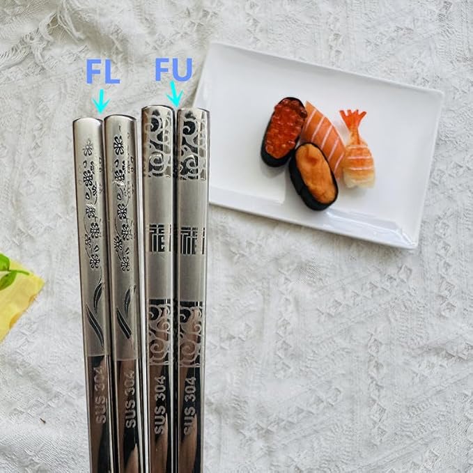 2Pairs Silver Series Metal Chopsticks 304 Stainless Steel Chopsticks Set, Metal Chop Sticks Reusable, Dishwasher Safe,Anti-slip ,9.25inch,Flower