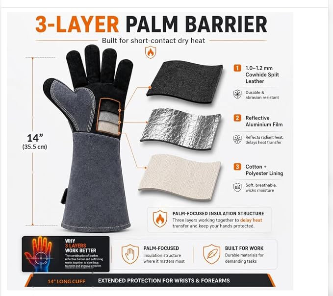 OZERO Welding Gloves: Upgraded Thicker 932°F Heat Resistant, Gray, 14 Inch | 1.2 mm Split Cowhide, Reinforced Palm, Long Cuff, for MIG TIG Stick Forge BBQ Grill Fireplace Fire Pit Wood Stove Oven