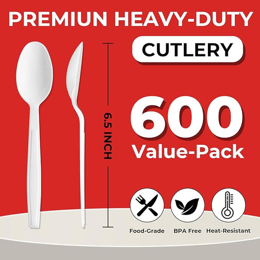 600Pack Disposable Plastic Spoons Bulk White Heavy Duty Plastic Teaspoons - Value Pack Cutlery Set For Parties, Restaurant (600SPOONS)