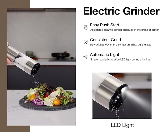 Electric Salt and Pepper Grinder Set, USB Rechargeable Automatic Pepper Mill, Large Capacity with Dual LED Light, One-Handed Operation, Slide Cover, Brushed Stainless Steel