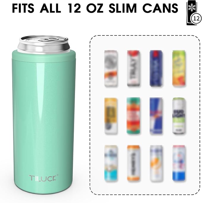TILUCK Skinny Can Cooler, Stainless Steel Insulated Slim Cans, 12 oz | Beer & Hard Seltzer, Doucle-Walled Stainless Steel Insulated Slim Cans, Slim 12 oz (Glitter Aqua)