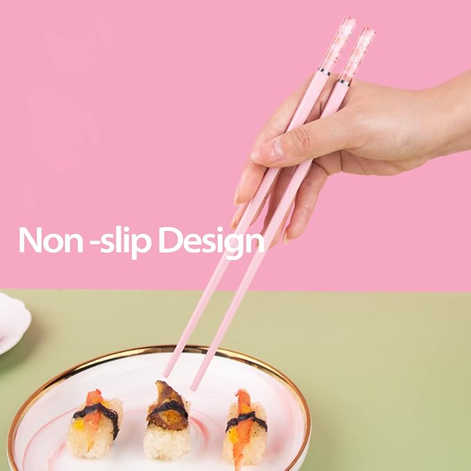 Pink Fiberglass Chopsticks, Reusable, Dishwasher Safe, Non-slip, 5 Pairs | Premium Japanese Chinese Sakura Design, Lightweight, 9.6 inches, Food-Grade, Durable, Heat-Resistant for Sushi Ramen